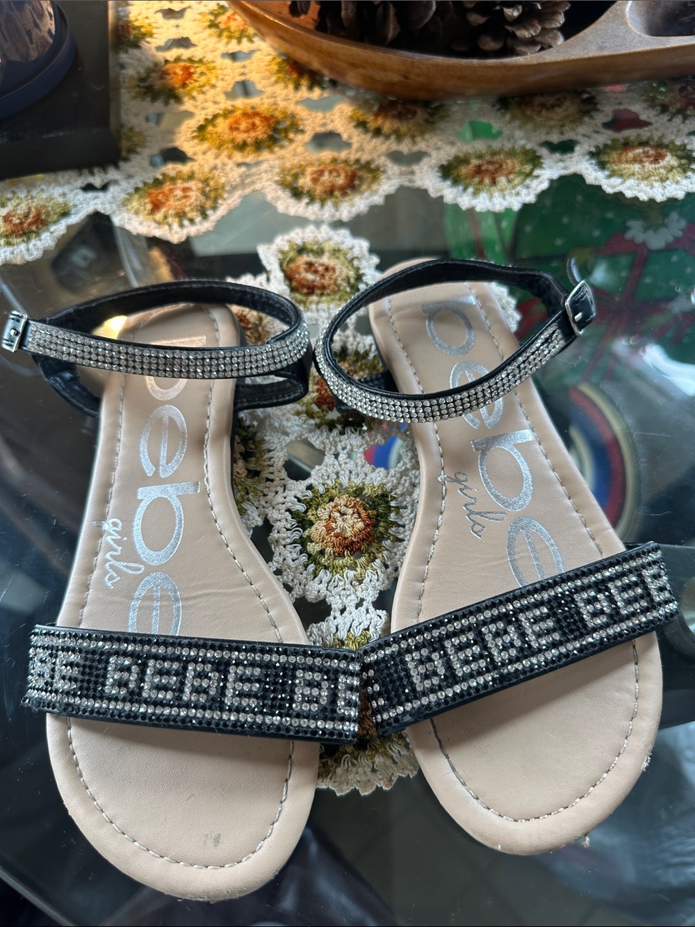 bebe Black Rhinestone Logo Accent Ankle-Strap Sandals